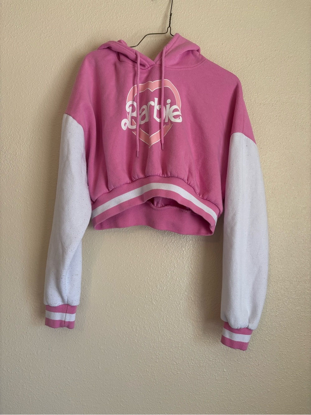 Barbie Pink and White Cropped Hoodie Sweatshirt